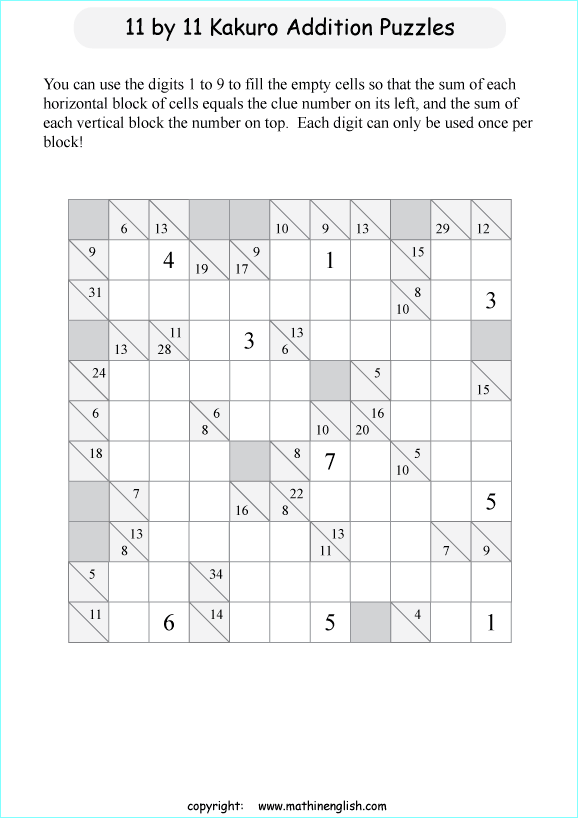 printable 11 by 11 Kakuro addition puzzle for kids