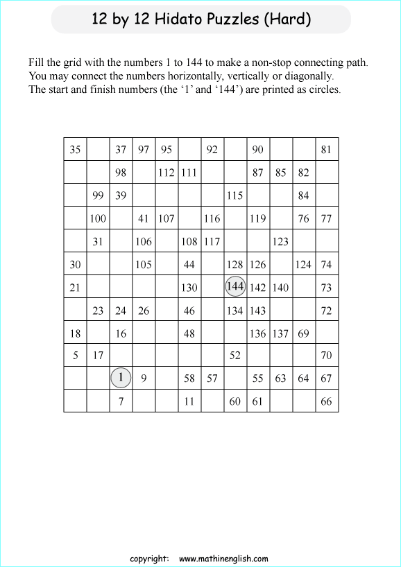 printable 12 by 12 Hidato logic IQ puzzle for kids