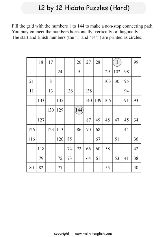 printable 12 by 12 Hidato logic IQ puzzle for kids