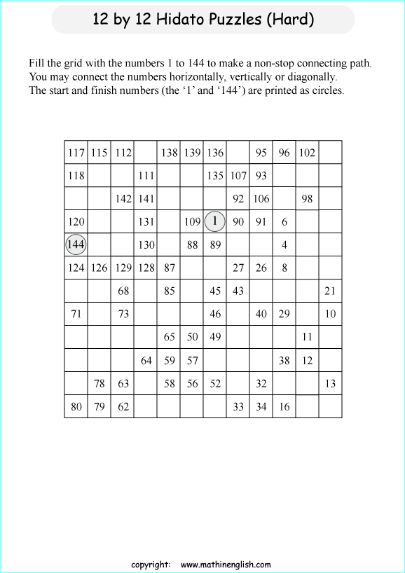 printable 12 by 12 Hidato logic IQ puzzle for kids