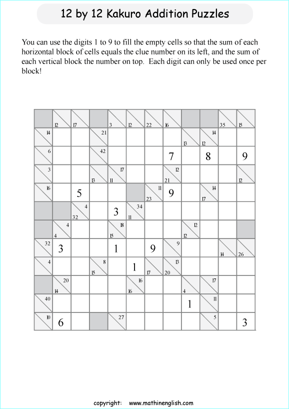 printable 12 by 12 Kakuro addition puzzle for kids