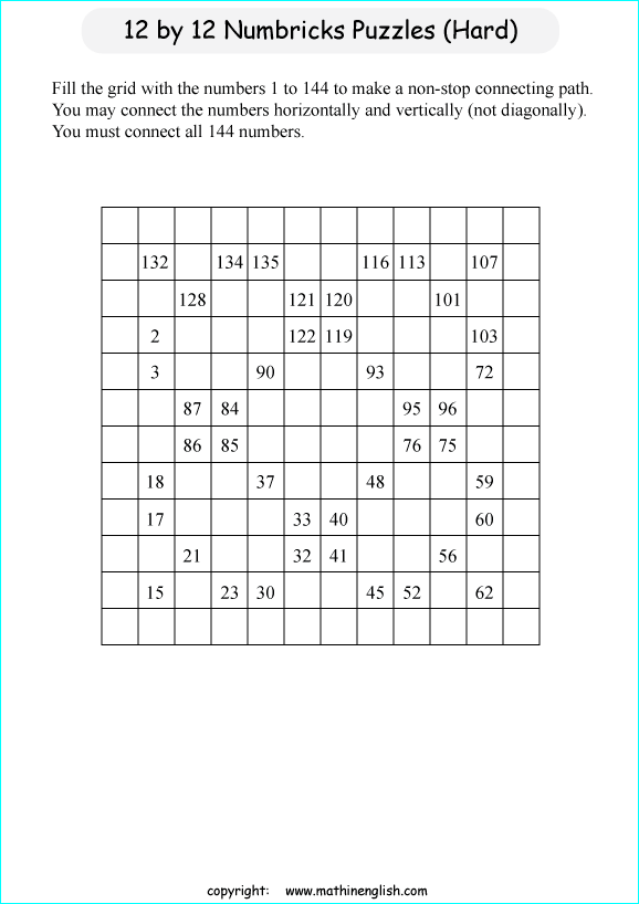 printable 12 by 12 Numbrix IQ number puzzle for kids