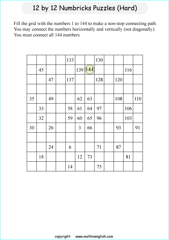 printable 12 by 12 Numbrix IQ number puzzle for kids