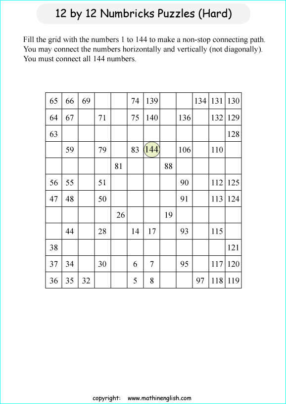 printable 12 by 12 Numbrix IQ number puzzle for kids