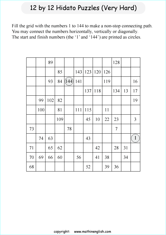 printable 12 by 12 Hidato logic IQ puzzle for kids