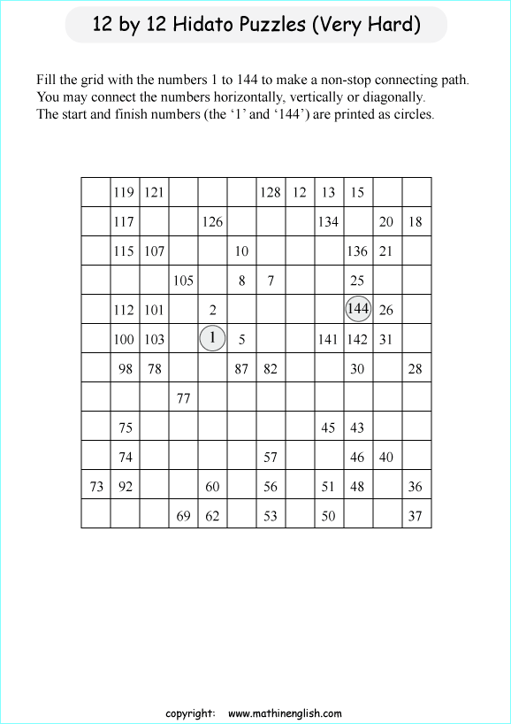 printable 12 by 12 Hidato logic IQ puzzle for kids