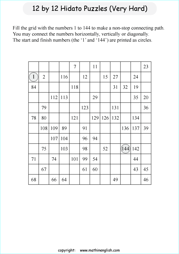 printable 12 by 12 Hidato logic IQ puzzle for kids