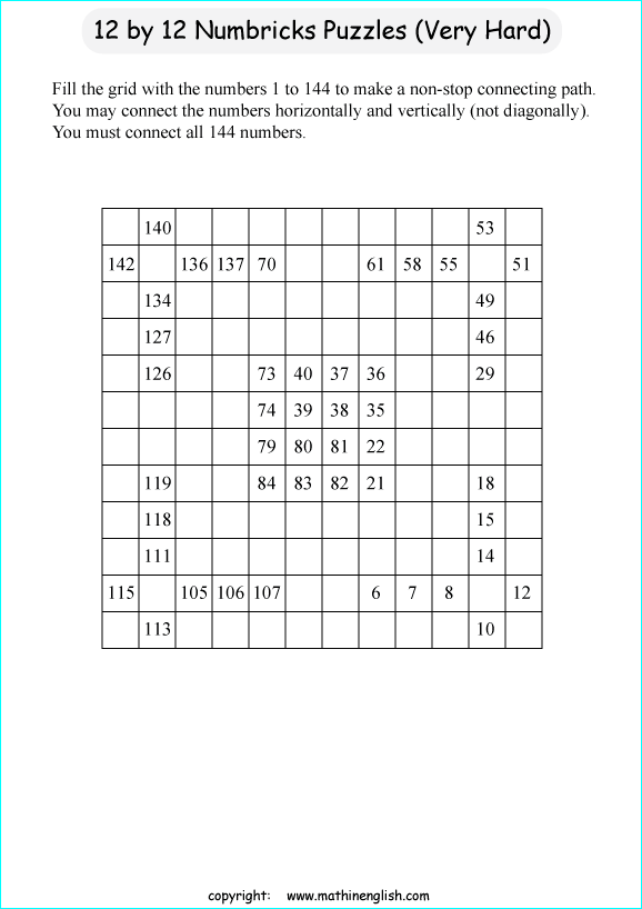 printable 12 by 12 Numbrix IQ number puzzle for kids