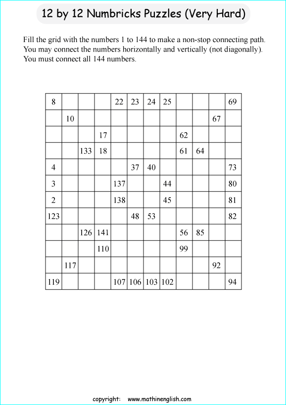 printable 12 by 12 Numbrix IQ number puzzle for kids