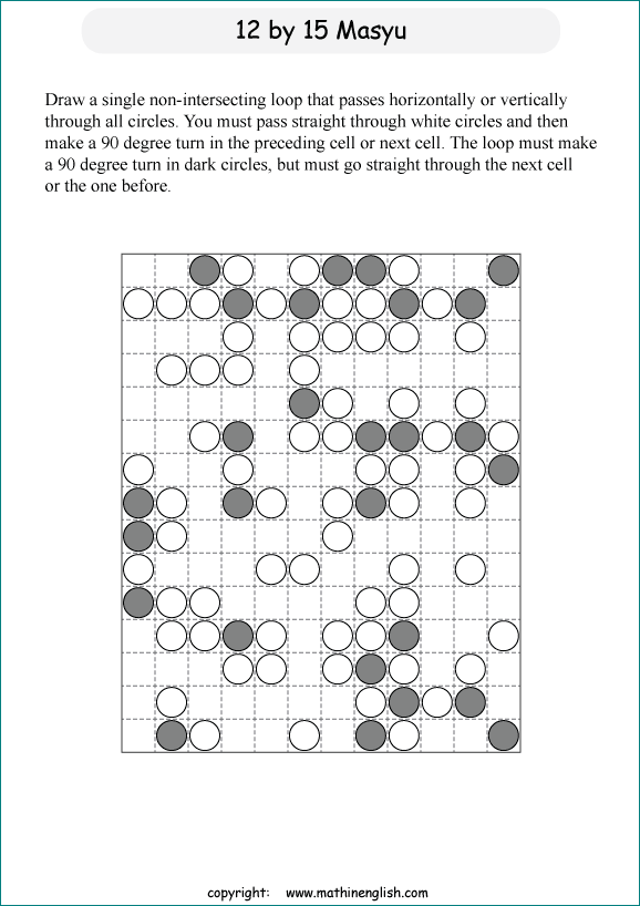 printable Japanese Masyu logic puzzle for kids and math students