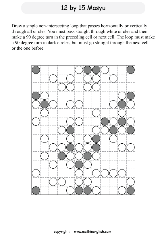 printable Japanese Masyu logic puzzle for kids and math students