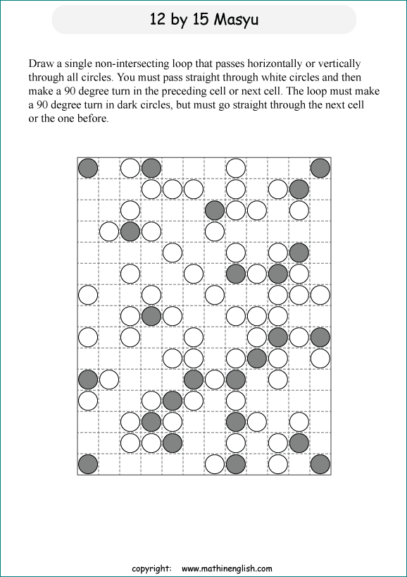 printable Japanese Masyu logic puzzle for kids and math students