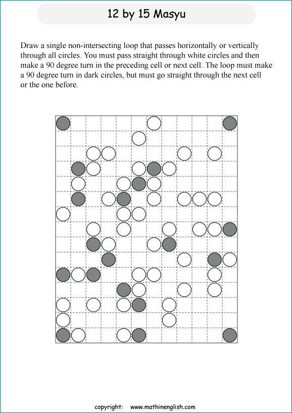 printable Japanese Masyu logic puzzle for kids and math students