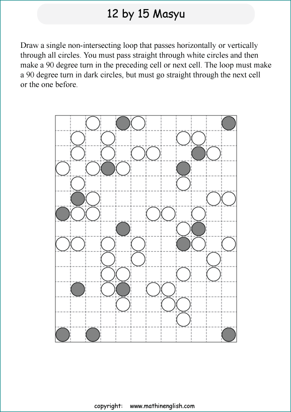 printable Japanese Masyu logic puzzle for kids and math students