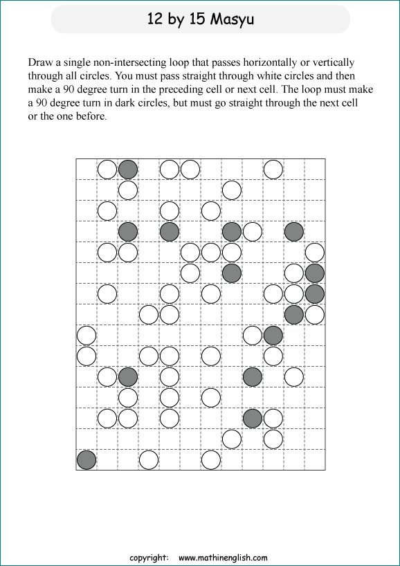 printable Japanese Masyu logic puzzle for kids and math students