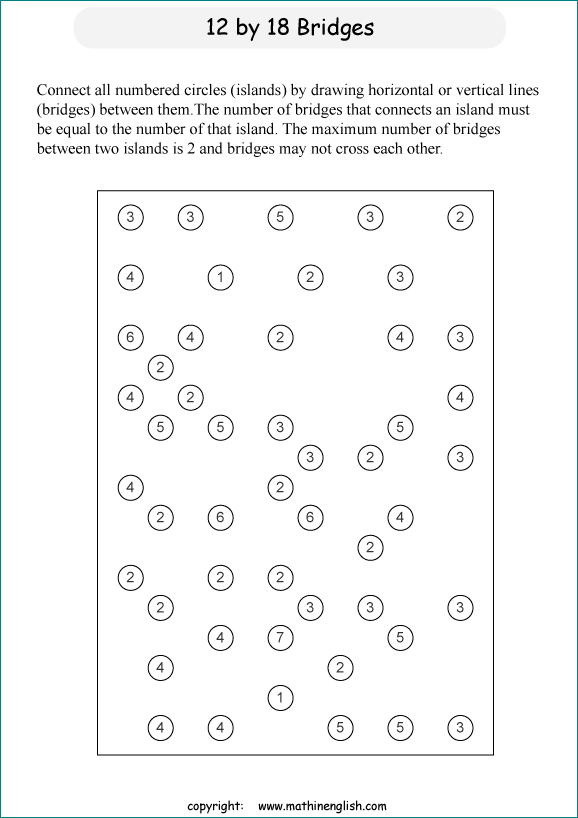 printable Building Bridges logic IQ puzzle for kids and math students