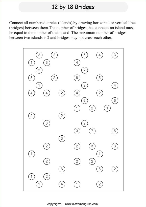 printable Building Bridges logic IQ puzzle for kids and math students