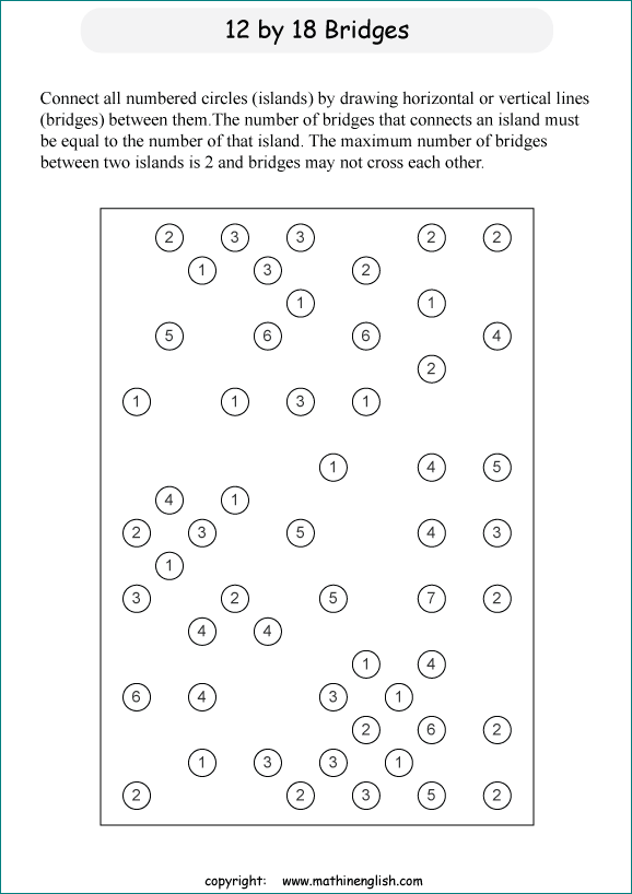 printable Building Bridges logic IQ puzzle for kids and math students