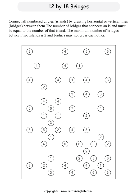 printable Building Bridges logic IQ puzzle for kids and math students