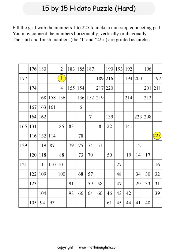 printable 15 by 15 Hidato logic IQ puzzle for kids