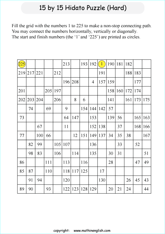 printable 15 by 15 Hidato logic IQ puzzle for kids