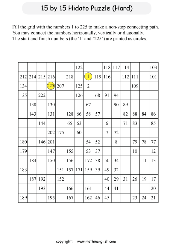 printable 15 by 15 Hidato logic IQ puzzle for kids