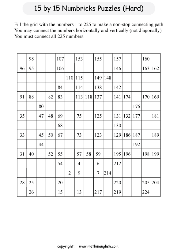 printable 15 by 15 Numbrix IQ number puzzle for kids