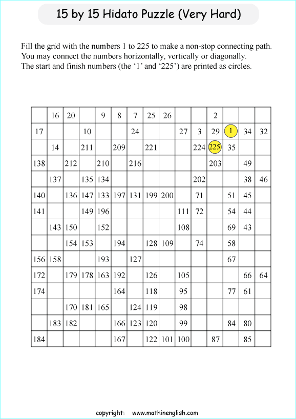 printable 15 by 15 Hidato logic IQ puzzle for kids