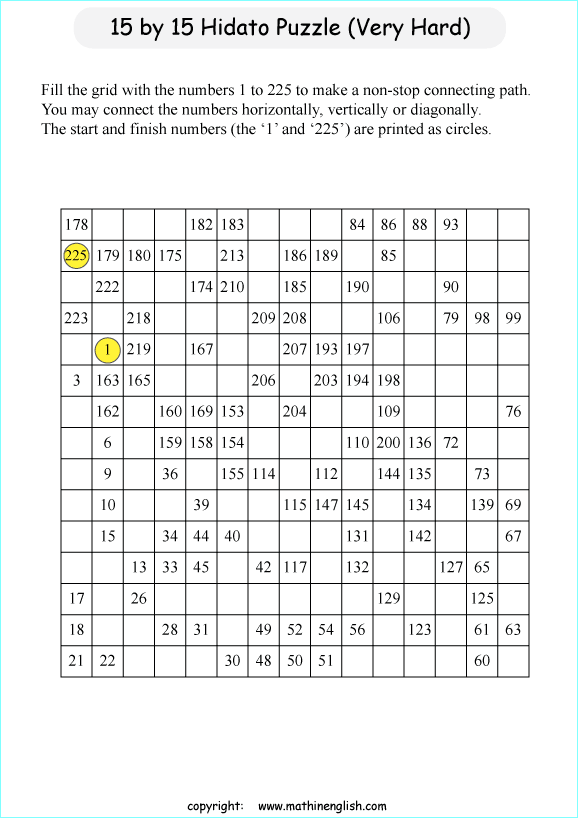 printable 15 by 15 Hidato logic IQ puzzle for kids