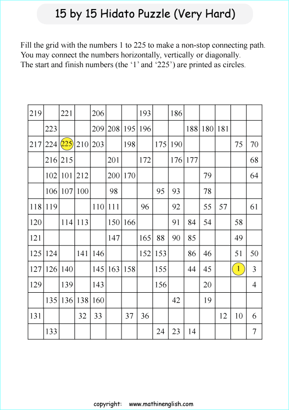 printable 15 by 15 Hidato logic IQ puzzle for kids