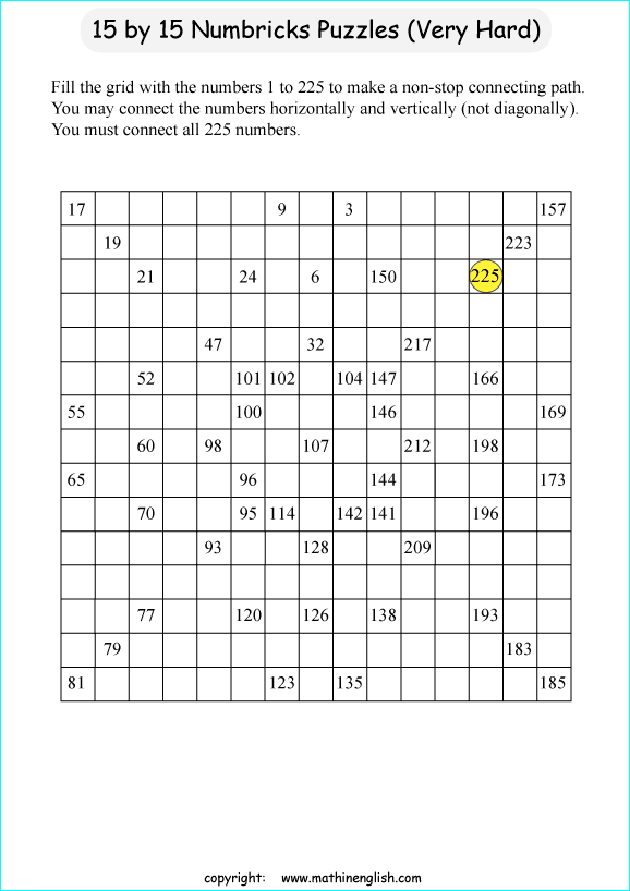 printable 15 by 15 Numbrix IQ number puzzle for kids