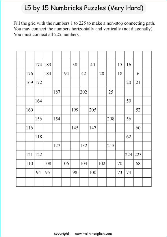 printable 15 by 15 Numbrix IQ number puzzle for kids