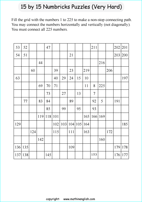 printable 15 by 15 Numbrix IQ number puzzle for kids