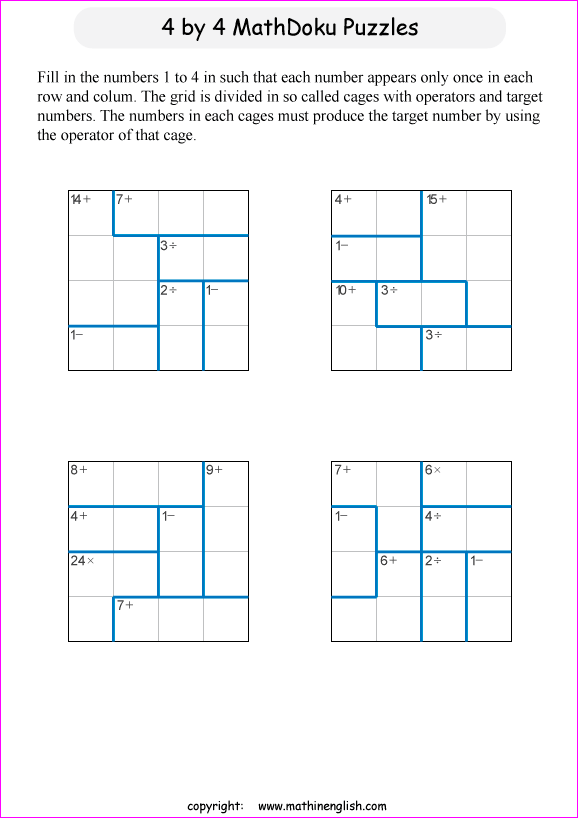 printable 4 by 4 mathdoku math operations puzzle for kids and math students