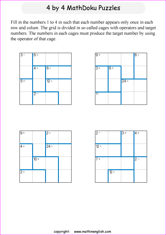 printable 4 by 4 mathdoku math operations puzzle for kids and math students