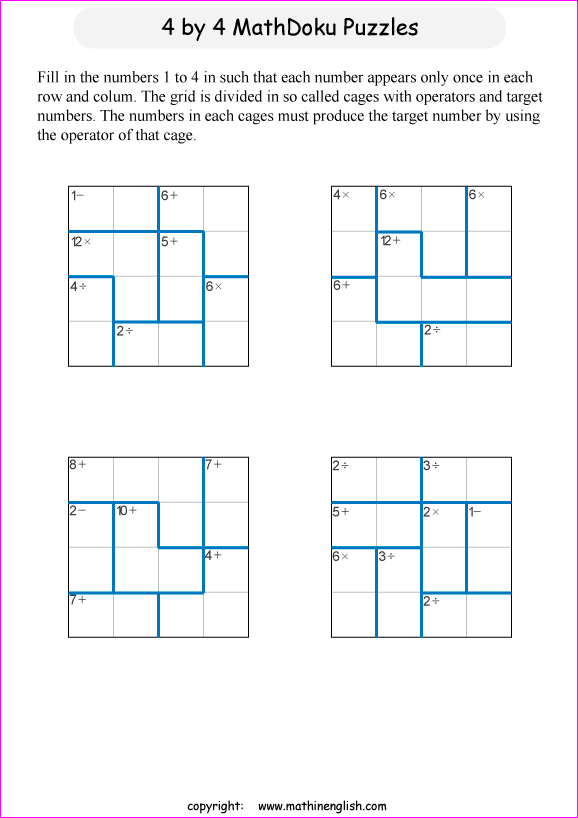 printable 4 by 4 mathdoku math operations puzzle for kids and math students