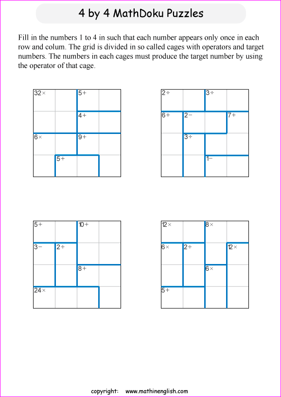 printable 4 by 4 mathdoku math operations puzzle for kids and math students