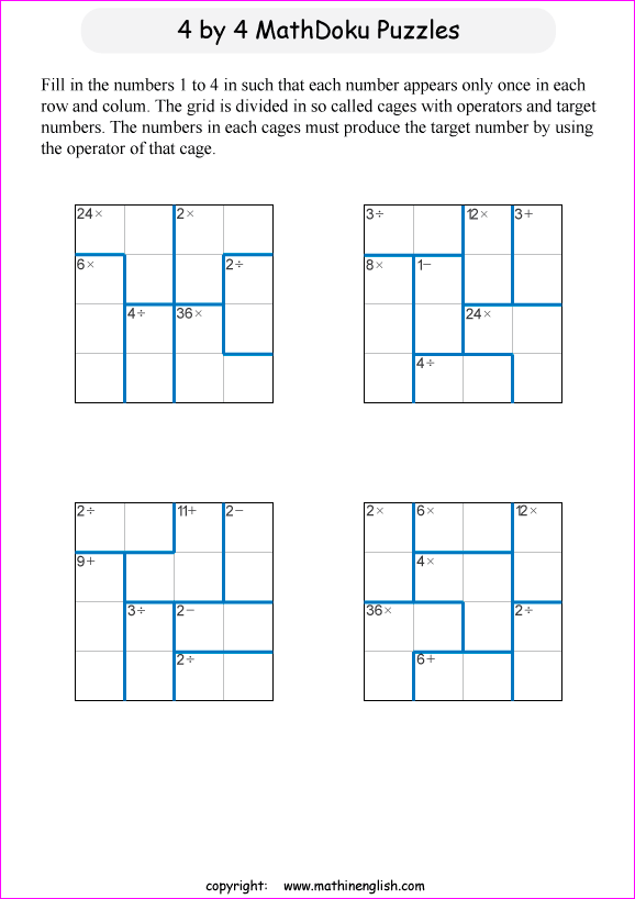 printable 4 by 4 mathdoku math operations puzzle for kids and math students