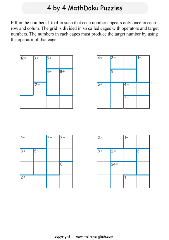 printable 4 by 4 mathdoku math operations puzzle for kids and math students