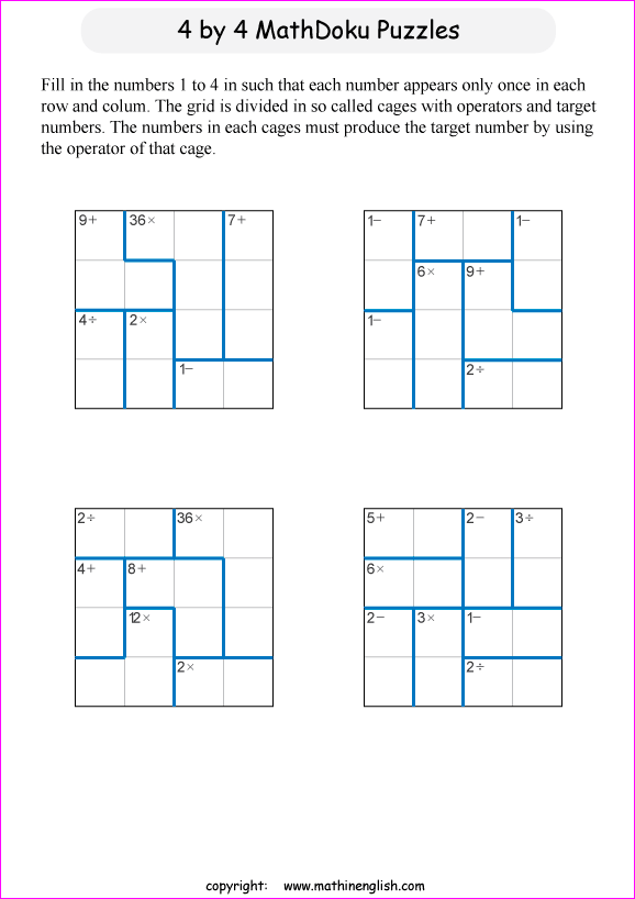 printable 4 by 4 mathdoku math operations puzzle for kids and math students