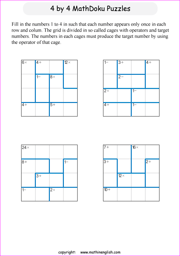 printable 4 by 4 mathdoku math operations puzzle for kids and math students