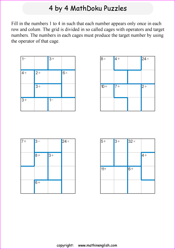 printable 4 by 4 mathdoku math operations puzzle for kids and math students