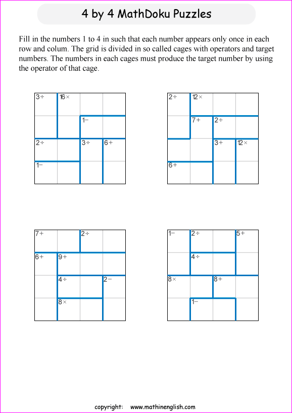 printable 4 by 4 mathdoku math operations puzzle for kids and math students