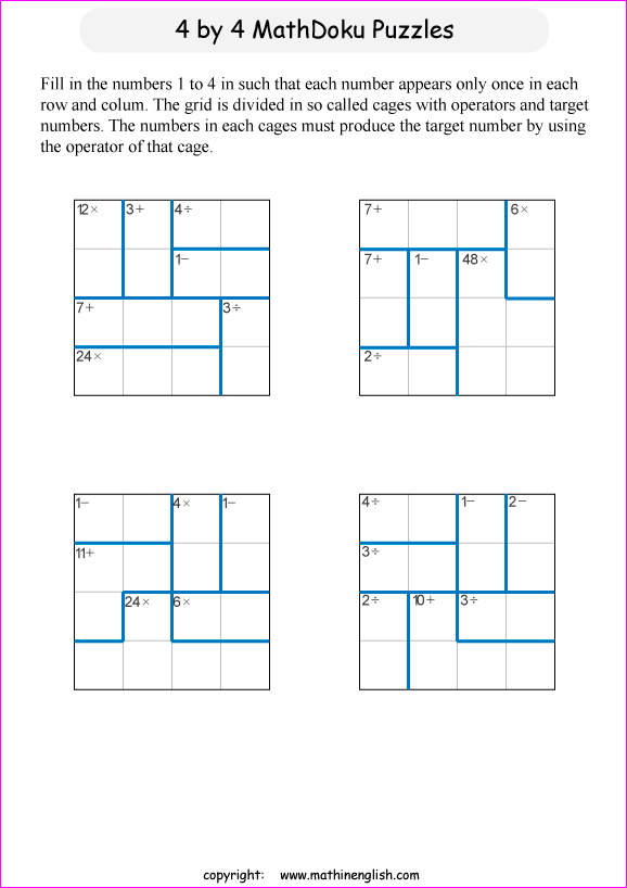 printable 4 by 4 mathdoku math operations puzzle for kids and math students