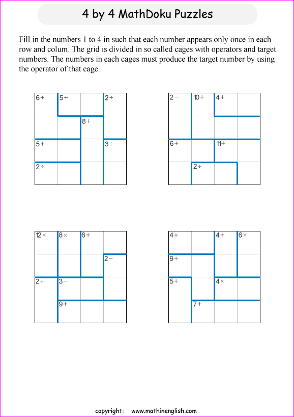 printable 4 by 4 mathdoku math operations puzzle for kids and math students