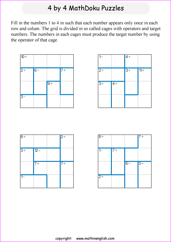 printable 4 by 4 mathdoku math operations puzzle for kids and math students