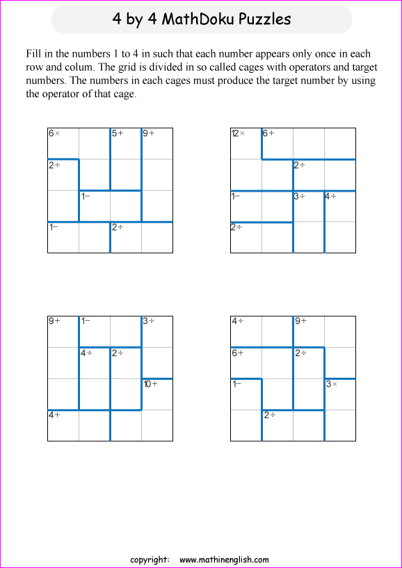 printable 4 by 4 mathdoku math operations puzzle for kids and math students