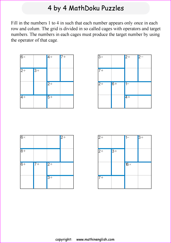 printable 4 by 4 mathdoku math operations puzzle for kids and math students