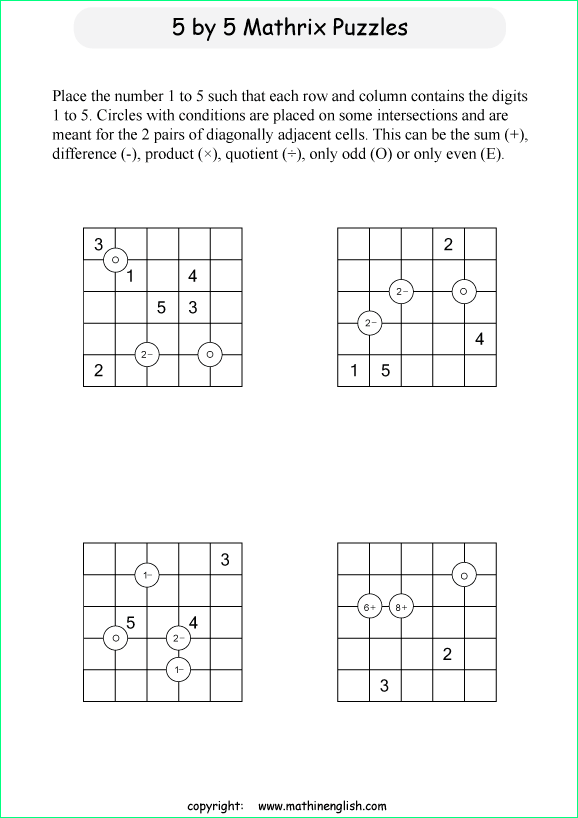 printable 5 by 5 Mathrix math calculation puzzle