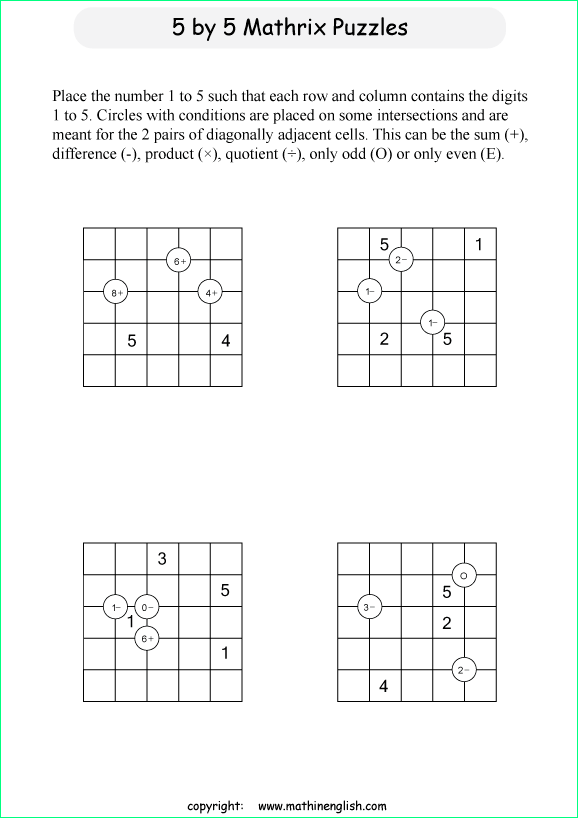 printable 5 by 5 Mathrix math calculation puzzle